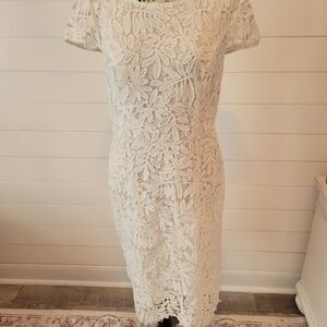 Ivory Floral Lace Midi Dress - Women's Elegant Occasion Dress